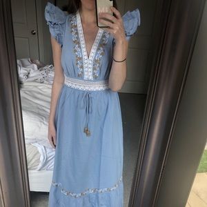 SAYLOR Long Vneck Dress with ruffle sleeve